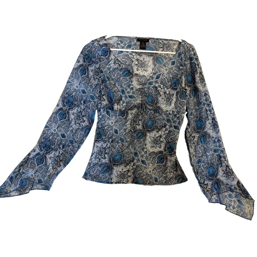 The Limited Blue Gray Paisley Chiffon Silk V-Neck Blouse Long Sleeve Size M Y2K